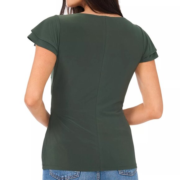 59$ VINCE CAMUTO Crossover Short Flutter Sleeve Blouse Top Size M Military Green - Picture 2 of 4